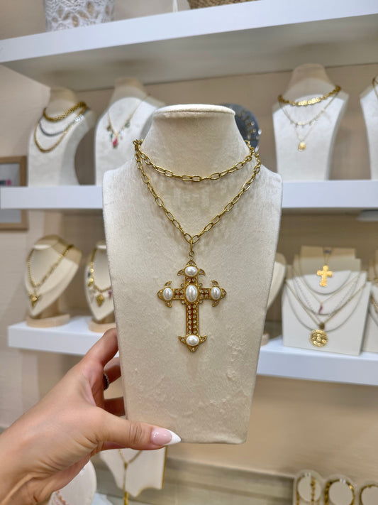 Cruz Bizantina con perlas y circonitas