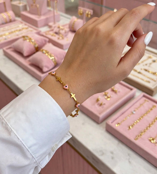 Pulsera ojo turco con cruz rosa